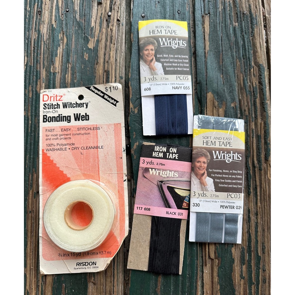 Vintage Dritz Stitch Witchery Bonding Web & Wrights Iron On Hem Tape Lot 4pk